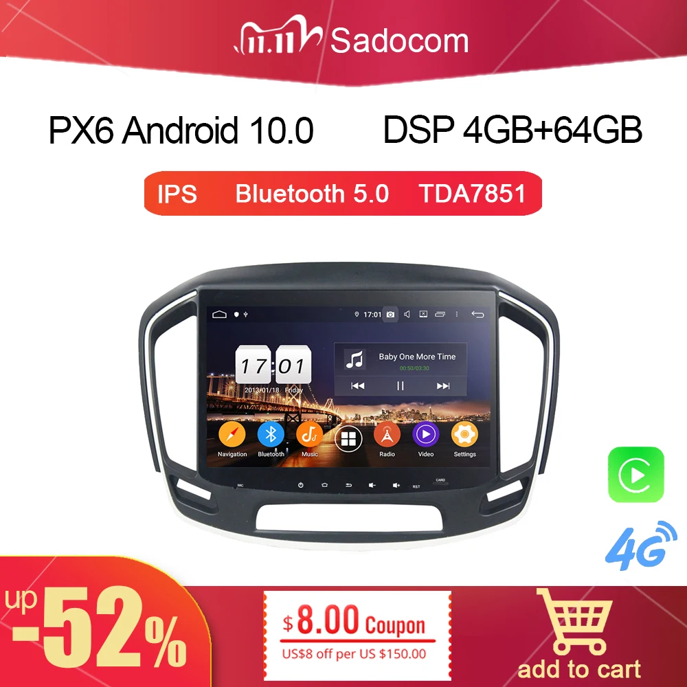 Автомобильный DVD-плеер PX6 TDA7851, 10,1 дюйма, Android 11,0, 6 ядер, 4 Гб ОЗУ, для Opel INSIGINA, 2014, 2015, 2016, GPS, Glonass, Авторадио, Bluetooth 5,0