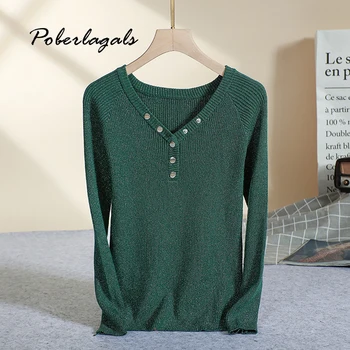 

Autumn Women V-neck bright line Pullover knitted bottom 2019 Winter V-neck Pullover Casual Sweaters female Oversize Pullovers