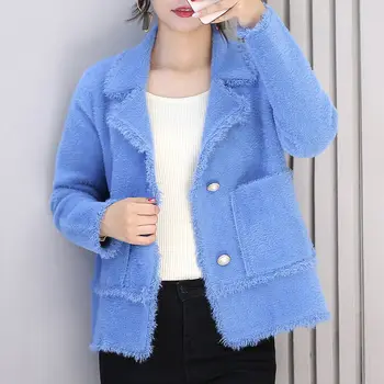 

White Blue Faux Mink Cashmere Cardigan Sweater Women Autumn Winter Short Knit Cardigan Jacket Female Sweaters Coat Women C5824