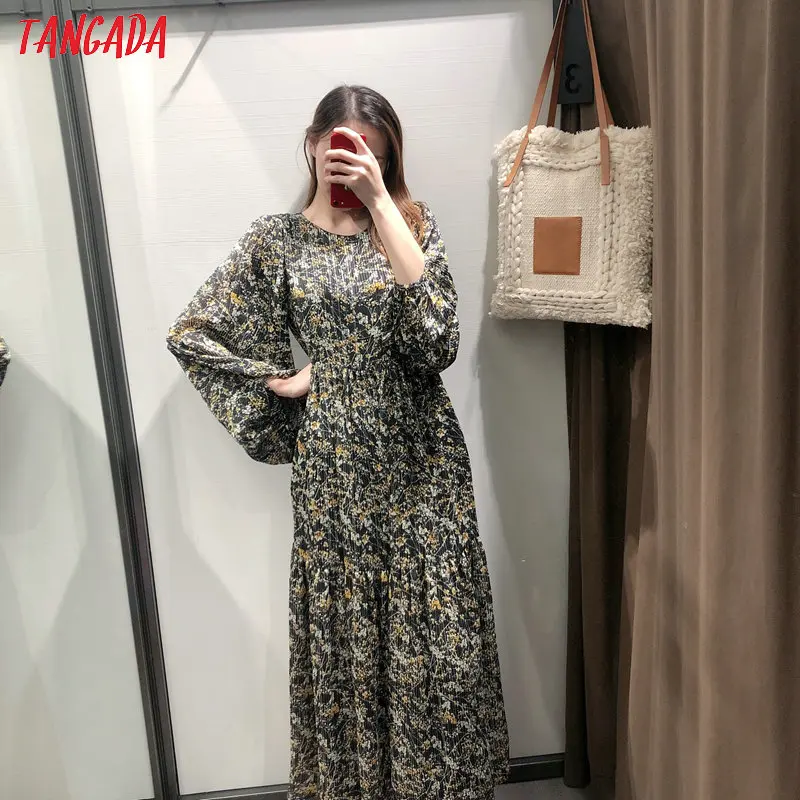 Tangada женское элегантное платье из золотой пряжи с цветочным принтом и длинным рукавом, корейские модные женские свободные длинные платья vestido 3H265