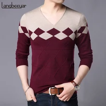 Новинка, модный брендовый мужской свитер, пуловер с узорами, облегающие вязаные джемперы с v-образным вырезом, осенняя повседневная мужская одежда в Корейском стиле