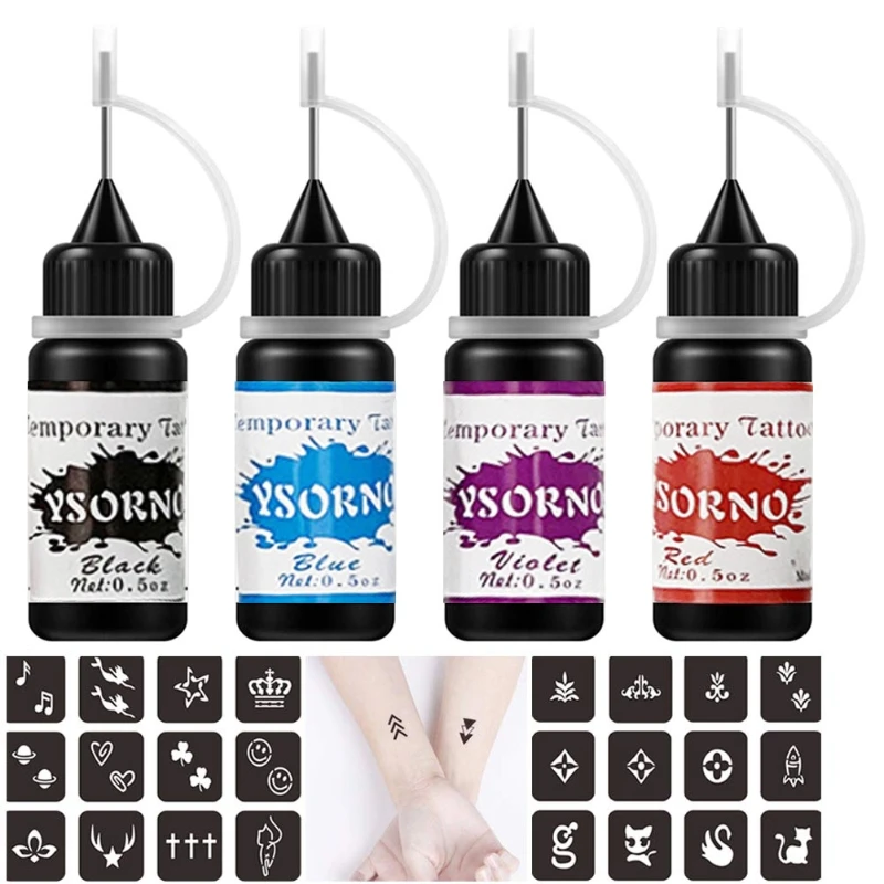 Temporary Tattoos Kit 4 Bottles Semi Permanent Freehand Ink with Adhesive Stencils Set Paste DIY Tattoos Temp for Kids Women Adu