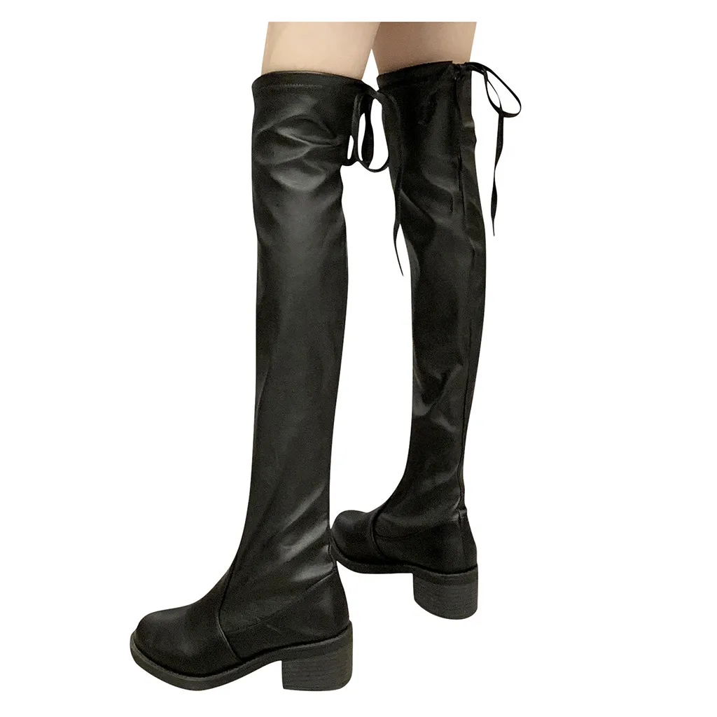 Сапоги до бедра Женская зимняя обувь кожаные сапоги женские ботфорты выше колена на плоской подошве из эластичного материала на пикантная модная обувь Обувь черного цвета