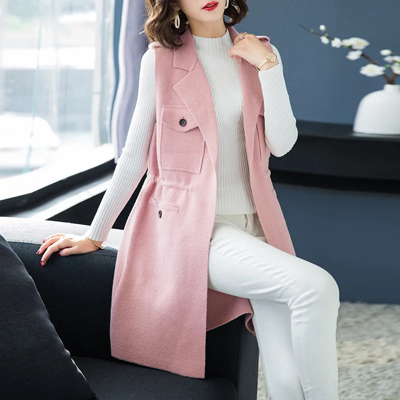 #Special Offers 2018 Autumn & Winter New Style Fold-down Collar Solid Color Mid-length Faux Mink Cashmere Vest Cardigan Waist Hugging Lace-up Wa