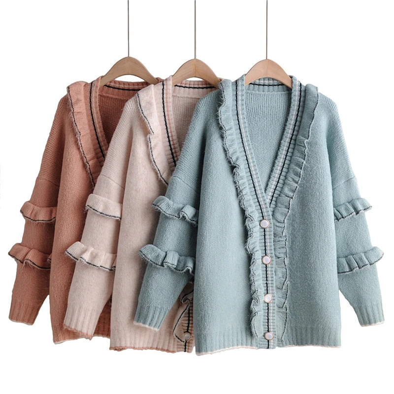 

OMIKRON New Women Long Sweater Cardigans Knit Jackets Ruffle Sweaters Ponchoes Button Dots Loose Female Cardigans 2019 Winter
