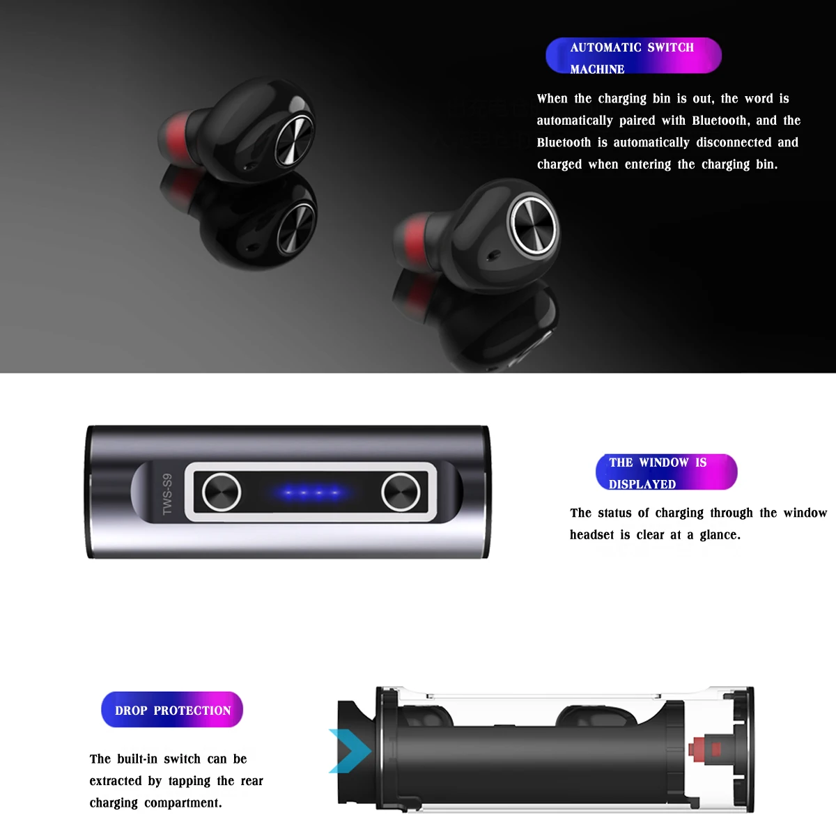 LEORY S9 True TWS наушники беспроводные bluetooth 5,0 Стерео шумоподавление водонепроницаемые двусторонние звонки наушник в ухо громкой связи