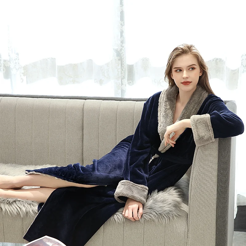 Autumn And Winter Pijama Robe Plus Long Robe Flannel Couple Nightgown Thick Lace-up Solid Color Long Home Robe
