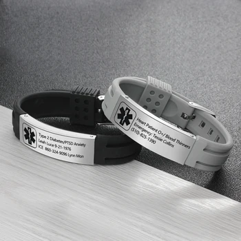 

Personalized Engraved Silicone Adjustable Medical Alert Bracelets Waterproof Sport Emergency ID Bracelets for Men Women