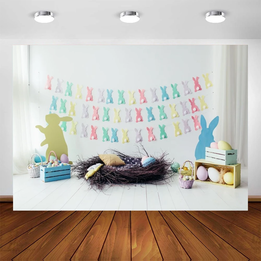 

Easter Rabbit Backdrop Background Newborn Baby Spring Eggs Gray White Wooden Floor Photography For Photo Studio Vinyl Photocall