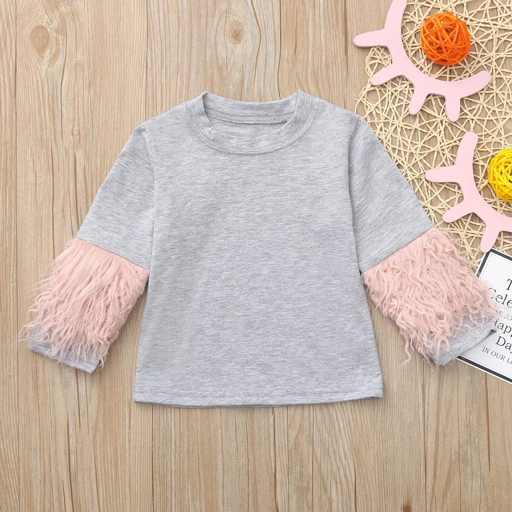 Модная детская одежда для девочек; хлопковые топы с круглым вырезом и длинными рукавами для малышей; пушистые топы с меховыми рукавами; Однотонная футболка с принтом; H4