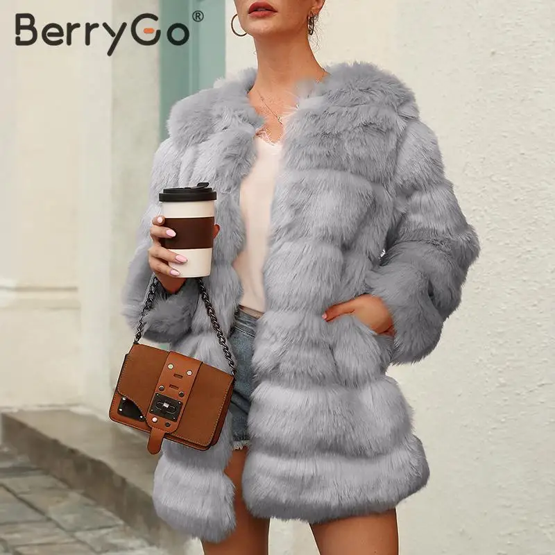 BerryGo повседневное толстое теплое пушистое пальто из искусственного меха для женщин элегантное осенне-зимнее женское длинное пальто мягкая женская розовая верхняя одежда
