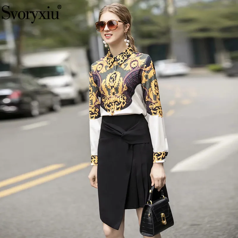 

Svoryxiu Runway Women's Skirt Suit Baroque Printing Shirt + High Quality Asymmetry Pleating Skirt Fashion Slim 2 Piece Set Women
