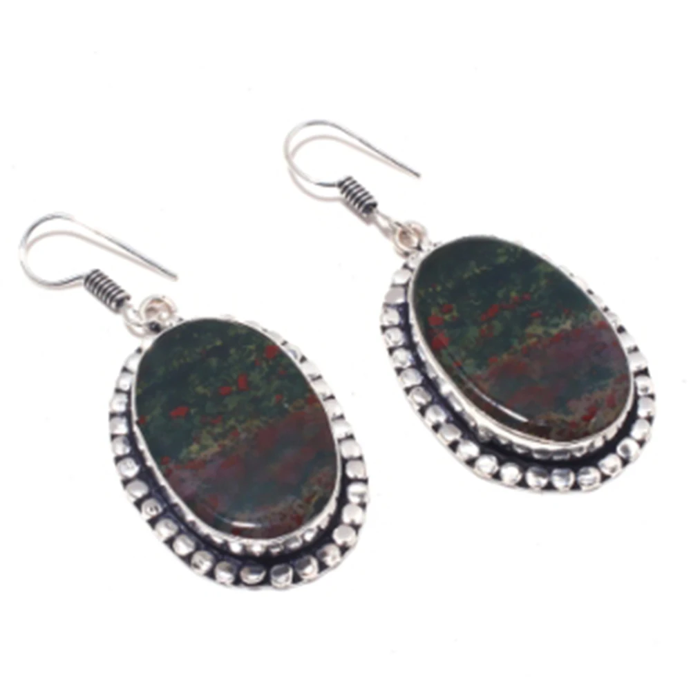 

Bloodstone Earrings Silver Overlay over Copper, 55 mm , E4124