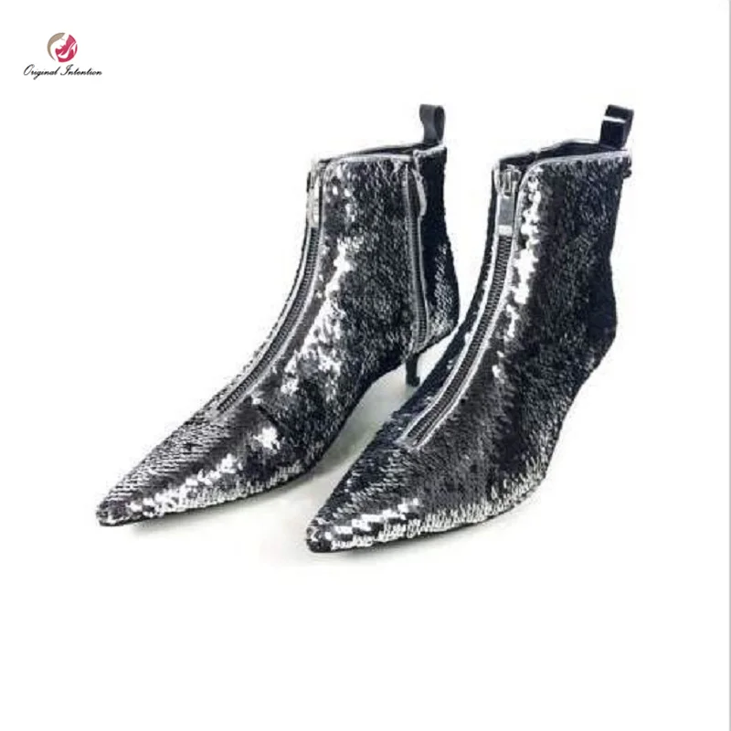 

Original Intention New Women Ankle Boots Shiny leather Pointed Toe Low Spike Heels Boots Bling Silver Sequins Zip Style Plus