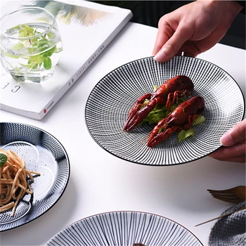 

8 Inch Ray Black Brown Blue Tableware Phnom Penh Geometry Tableware Ceramic Dish Porcelain Dessert Dinnerware Cake Plate