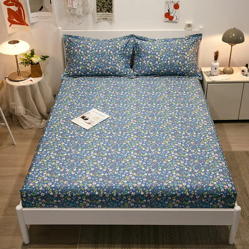 Bonenjoy 1pc Bed Linen Cotton Blue Floral Bed Sheet with Elastic 100