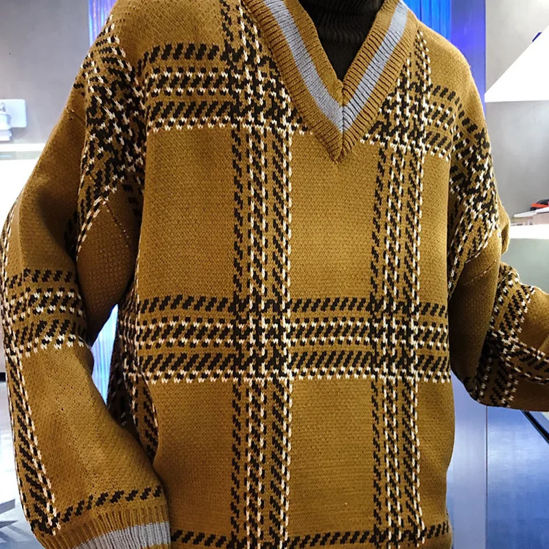 Winter High Collar Sweater Men Warm Fashion Retro Casual Plaid Knit Sweater Man Sweter Loose Clothes Fake Two-piece Pullover Men