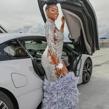 Африканское Прозрачное платье с длинным рукавом, серебристо-черное платье для выпускного вечера с перьями и шлейфом, элегантное женское платье на выпускной вечер