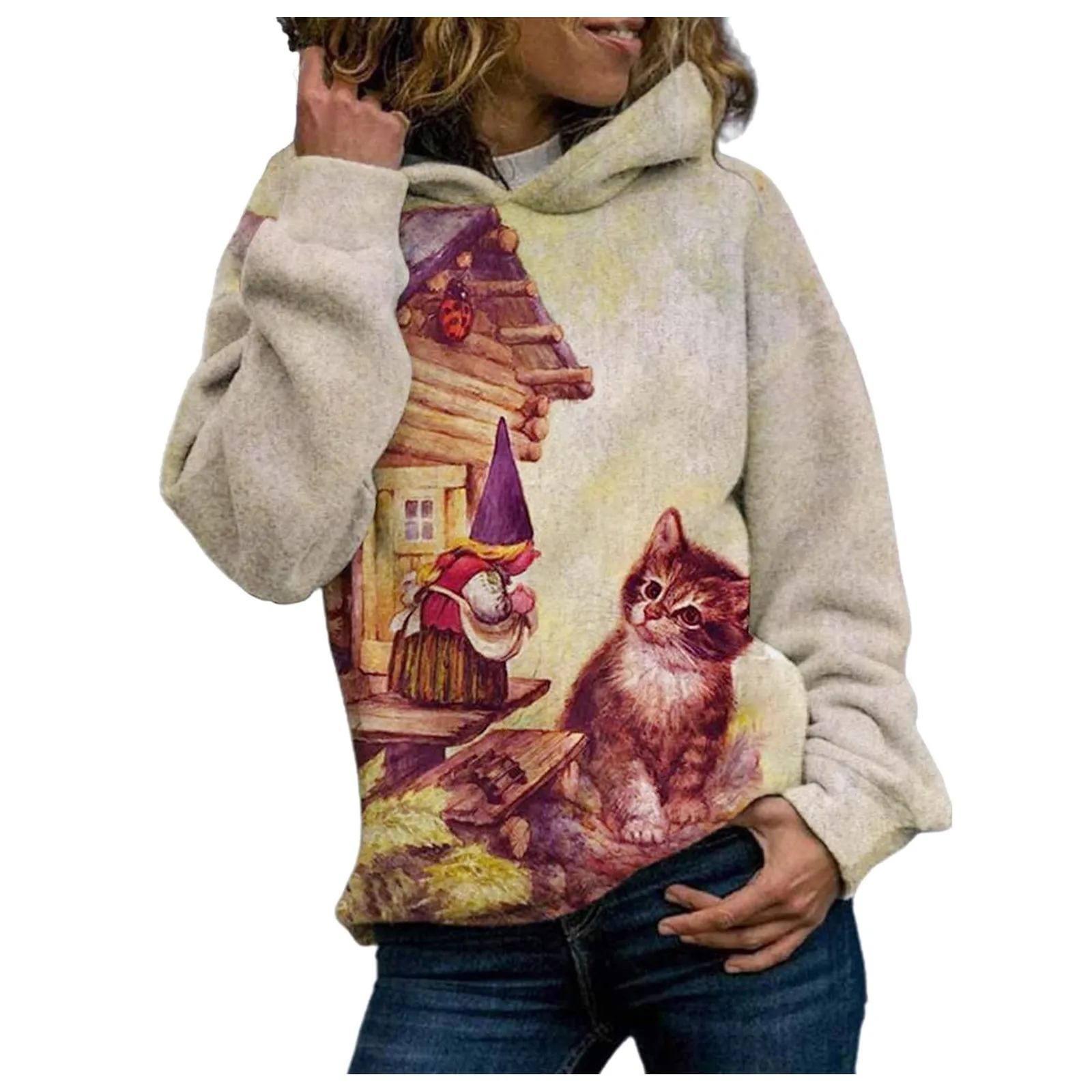 Kawaii Cat Women Hooded Casual Round Neck Long Sleeve Loose Hoddies Print Tops Oversize Streetwear Daily Sweatshirts Ropa Mujer 2