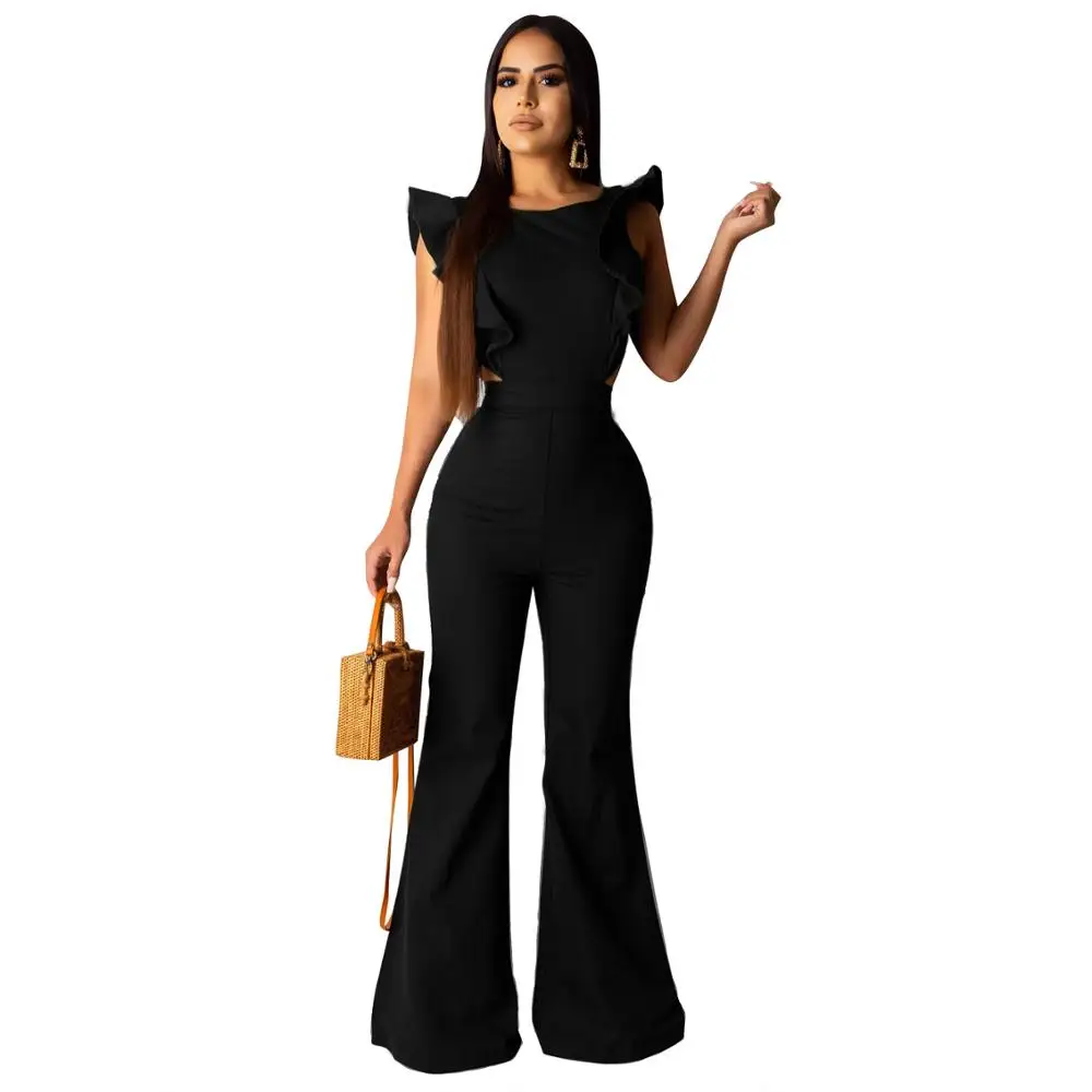 

Women flare long pants sexy summer back open black romper women jumpsuit sexy DD9149