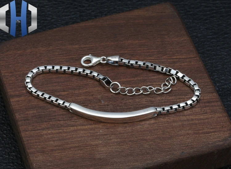 S925 стерлингового серебра мужские и женские наручные тонкой цепи тайский серебряный корейский изогнутый квадратный браслет