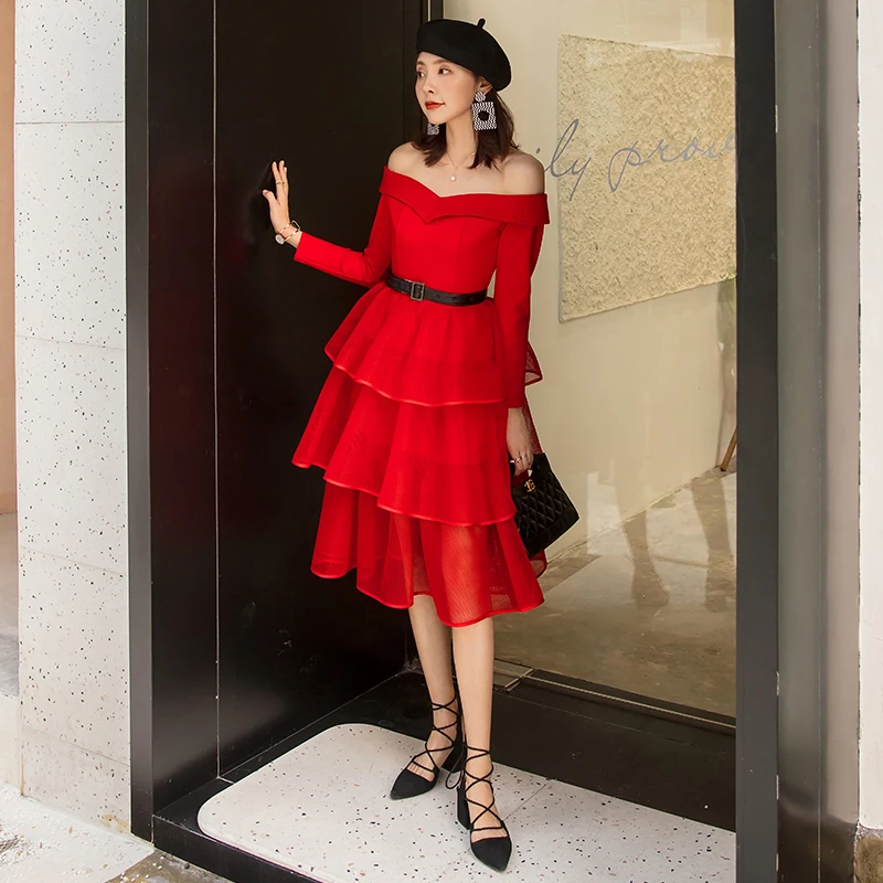 

YIGELILA Fahion Autumn Red Dress A-line Slash Neck Mesh With Belt Dress Elegant For Dinner party Dress 65173