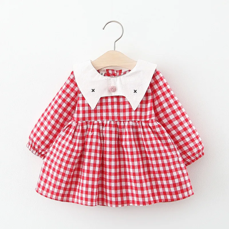 Клетчатое платье для девочек, детская одежда, клетчатое платье с воротником в виде кошки, Весенняя