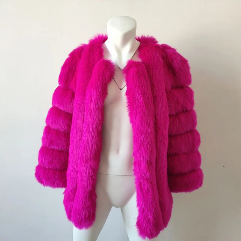 New Autumn Winter Fur Coat Women Clothes High Quality faux fox Fur overcoat Plus Size Thicken Warm Long Coats Female - Цвет: Фуксия
