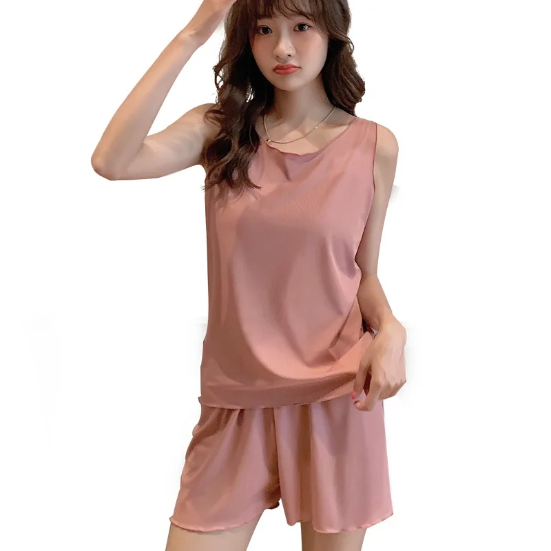 Spring and summer new cute girl pajamas wooden ear round neck vest 2 piece set Pijamas Sexy solid color comfortable home service