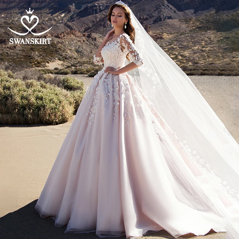 Розовый Swanskirt Милая Аппликация Свадебное платье 3D цветок бальное платье со шлейфом принцесса свадебное платье Vestido De Noiva K192 - Цвет: Розовый