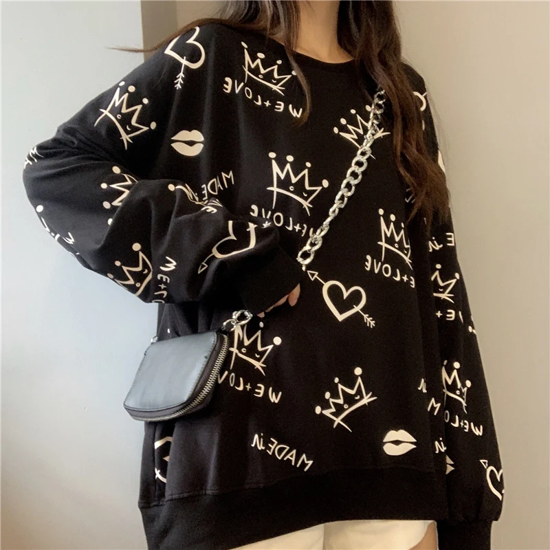 Harajuku пуловер Топ для женщин Корона граффити печати кофты Женская мода хип хоп Уличная Kawaii девушки осенние толстовки 2XL - Цвет: black