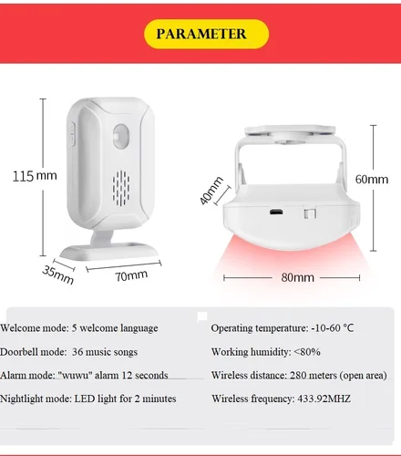 Darho 웰컴 모션 센서 보안 알람, 36 곡 초인종 차임, 무선 스마트 홈, 4 LED 야간 조명, 문 창문 상점 2