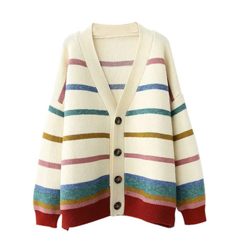 

2019 Autumn Fashion New Women's Art Rainbow Stripes V-Neck Long-Sleeved Knit Loose Sweater Cardigan Coat Tide HHH00140