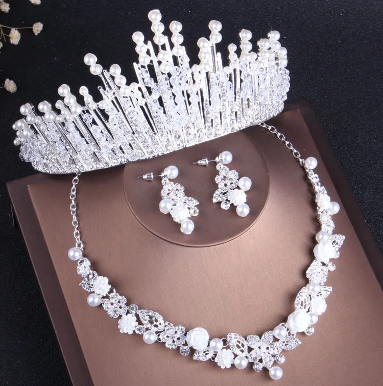 3Pcs Jewelry Set Роскошные хрустальные жемчужные Свадебные украшения наборы Чокер-подвеска со стразами Серьги Тиара нигерийские африканские бусины Свадебный комплект ювелирных изделий - Окраска металла: 3Pcs Jewelry Set
