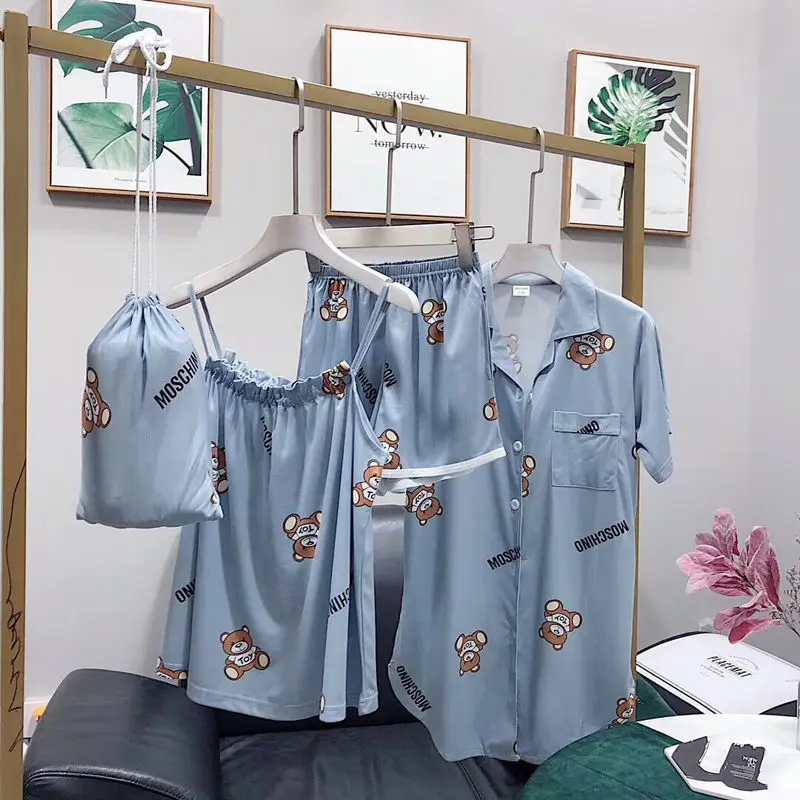 

2019 Band Cotton Pajamas Set Cute Bear Women Sexy Soft New Cotton Pyjama Home Sleepwear Long Shirt Shorts Blinder 4 Pieces/Set
