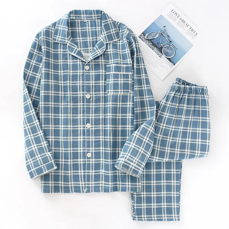 

2020 Winter Autumn Plaid Men Pajamas Set Pure Cotton Button Long Sleeve Homewear For Male Classic Men's Pyjamas Set