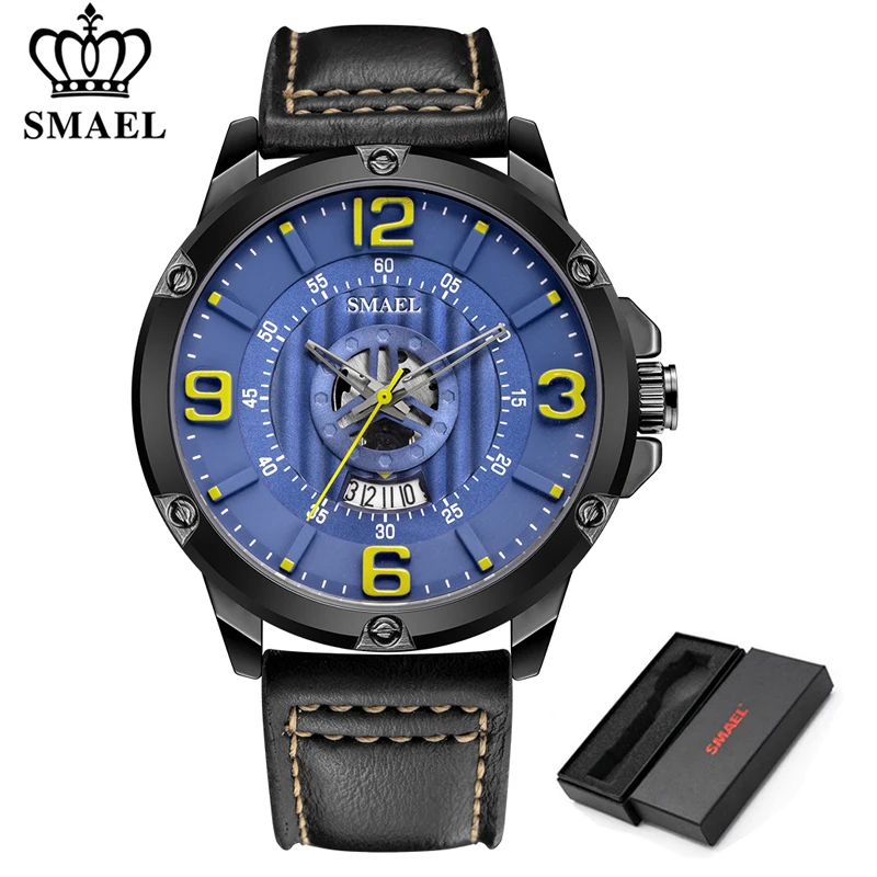 SMAEL часы Мужские Модные Спортивные кварцевые наручные часы с календарем классические черные кожаные водонепроницаемые часы Роскошные военные мужские часы - Цвет: Black Blue