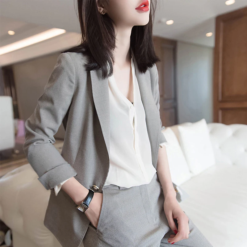 

Women Pant Suits 2 Pieces Set Office Wear One Button Slim Blazer & Pencil Pants Autumn Houndstooth Blazer Suits Female vs427