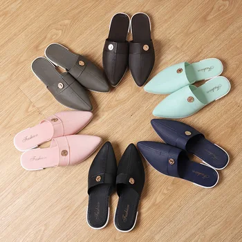 

New Korean Version of the Tip Button Semi-Trailer Denim Texture Baotou Slippers Female Outer Wear Ping Loafers