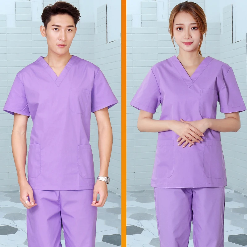 Women Men Medical Clothing Unisex Scrubs Set V-neck Short Sleeve Top + Pants with Elastic Waistline Pure Cotton Workwear