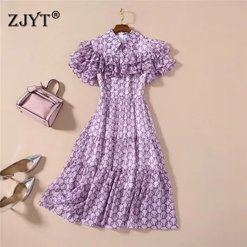 

Europe Fashion Summer Runway Dress High Quality Women Short Sleeve Elegant Ruffles Patchwork Floral Print Sweet Party Dress