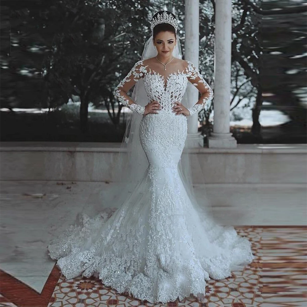 

Luxury Shinny Tulle Mermaid Wedding Dress Dubai African Bride Marriage Full Sleeves Bridal Gowns Formal Robe De Mariee Trouwjurk