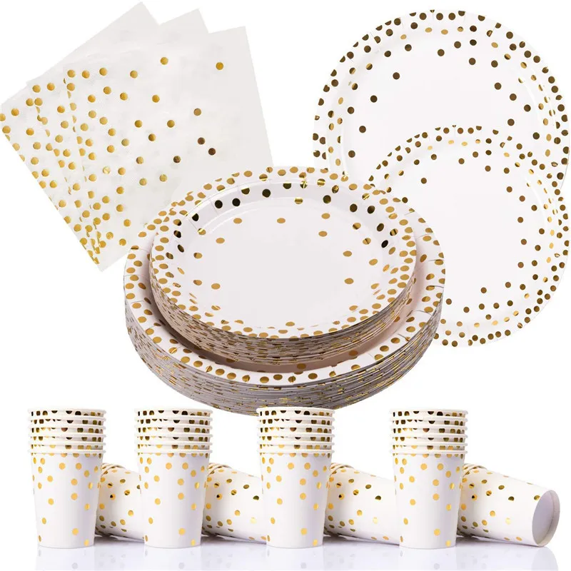 200 шт одноразовые бумажные тарелки и стаканы в Золотой горошек, набор обеденных тарелок из золотой металлической фольги, десертный поднос на День Благодарения, рождественскую вечеринку
