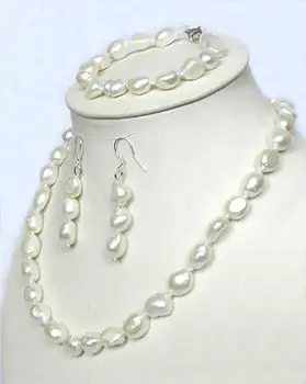 

hot Real 10-12mm Natural White Pearl Necklace Bracelet + Earrings 17 " set