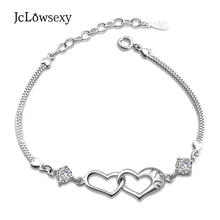 Популярная корейская модная 925 Браслеты стерлингового серебра для девочек, белый и фиолетовый цвет циркон двойной в форме сердца с коробкой браслет-цепочка в едином положении во время занятий легкой атлетикой