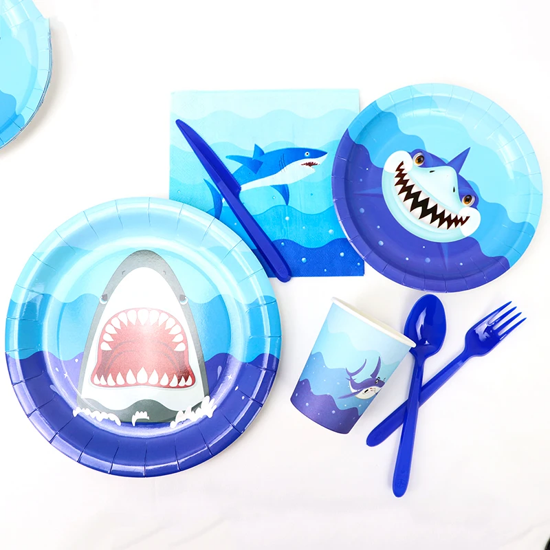 Вечерние одноразовые столовые приборы с рисунком акулы из мультфильма, бумажная тарелка, салфетка для чашек, детский душ, детские принадлежности для дня рождения, Декор