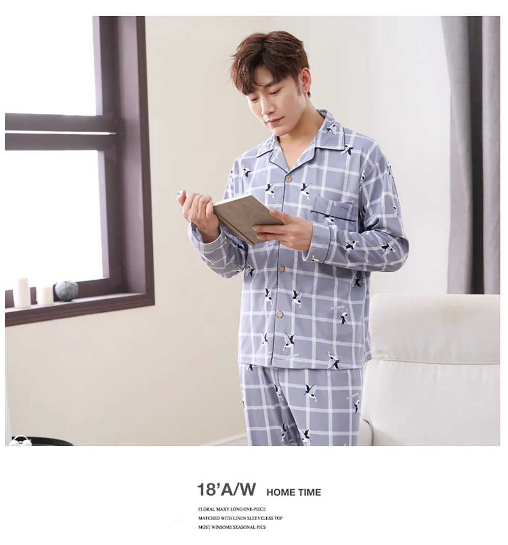 silk pajama set Spring Autumn Pajama Sets Suit Knitted Cotton Casual Long Sleeve Sleepwear Plaid Home Wear Plus Size Comfortable Pajamas For Men mens sleepwear set