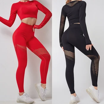 

New 2020 Women Seamless Yoga Set Fitness Leggings Cropped Shirts Sport Suit Gym Clothing Women Long Sleeve Breathable Tracksuits