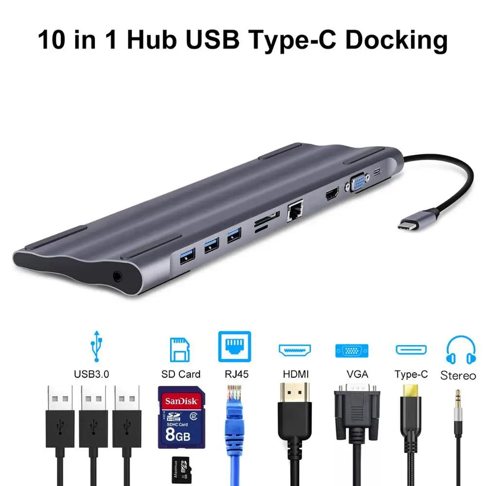 10 в 1 Многофункциональный USB C концентратор для MacBook Air Pro док-станция type C-USB 3,0 HDMI VGA PD 3,5 разъем для наушников USB C концентратор