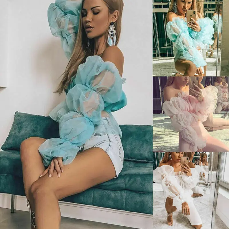 

Women 2019 Sexy Off Shoulder Ruffles Mesh Sheer Crop Shirt Short Blouse Tops Multicolor Organza Princess Sleeve Top